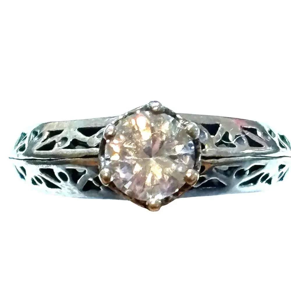 CZ round Solitaire Cut Out Band Sterling Silver Ring Size 7